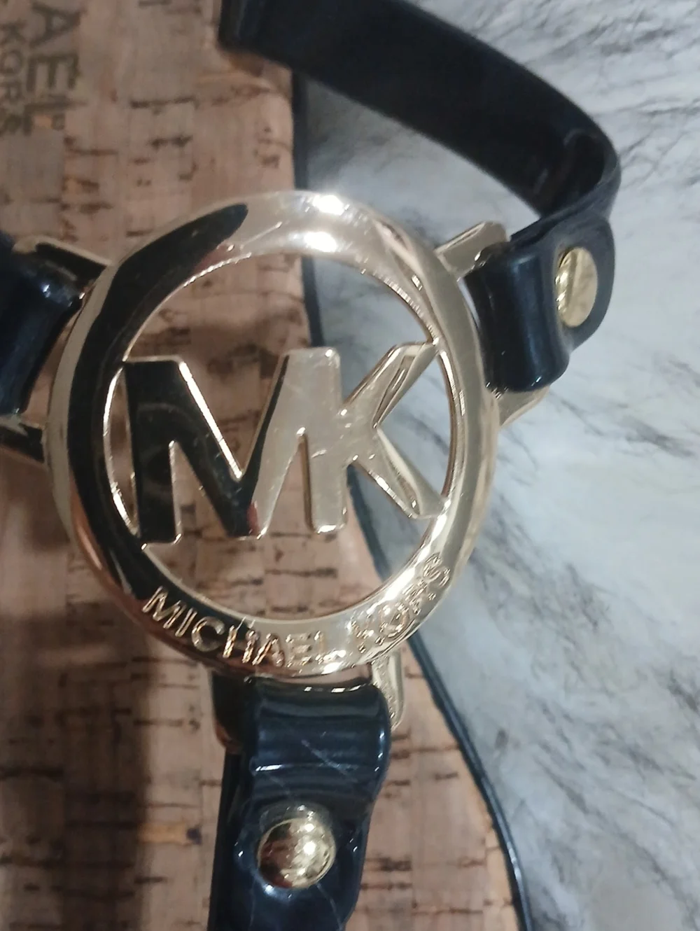 Michael Kors Black Patent Logo Thong Sandals with Cork Footbed